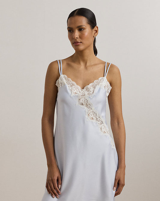 Double-Strap Lace-Trim Satin Chemise Blue