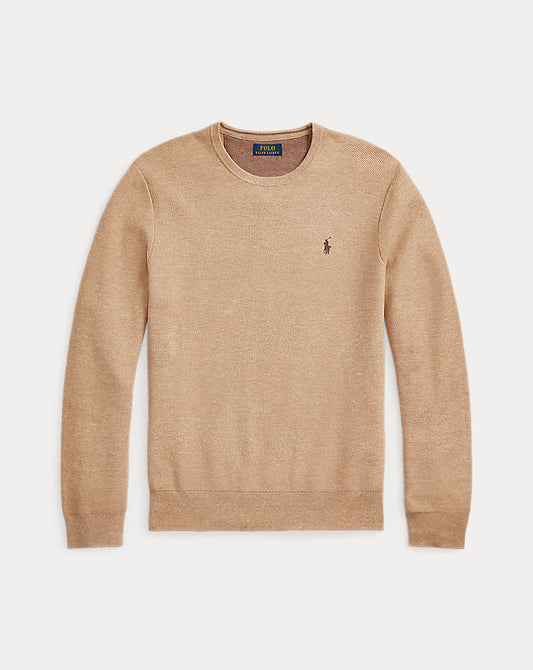 Mesh-Knit Cotton Crewneck Jumper Camel Melange