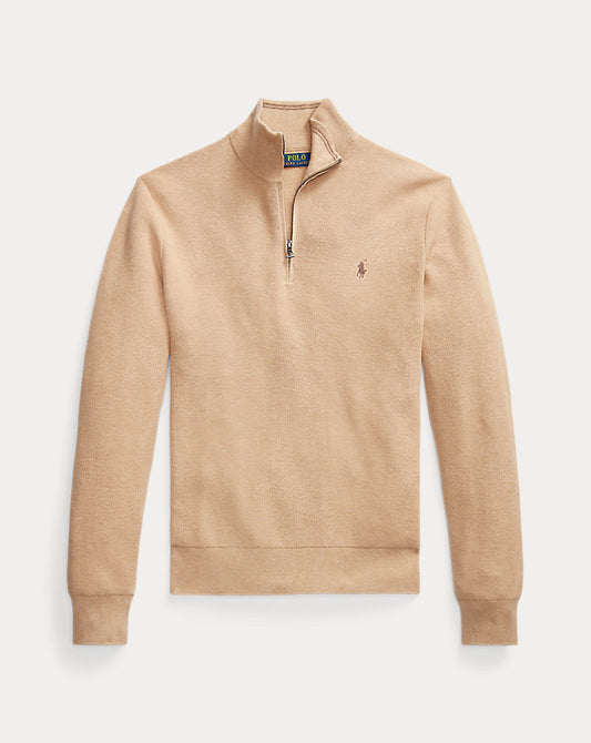 Mesh-Knit Cotton Quarter-Zip Jumper Camel Melange