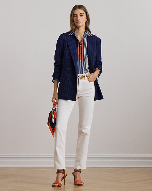 Pinstripe Double-Breasted Twill Blazer Navy/White