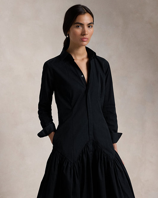 Shirred-Yoke Oxford Shirtdress Polo Black