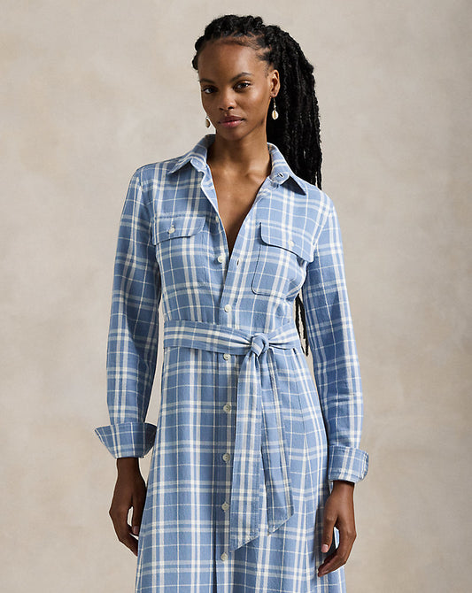Belted Plaid Cotton Shirtdress Blue/Cream