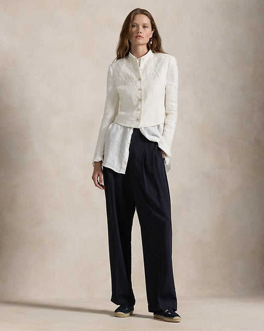 Floral-Embroidered Linen Jacket Cream