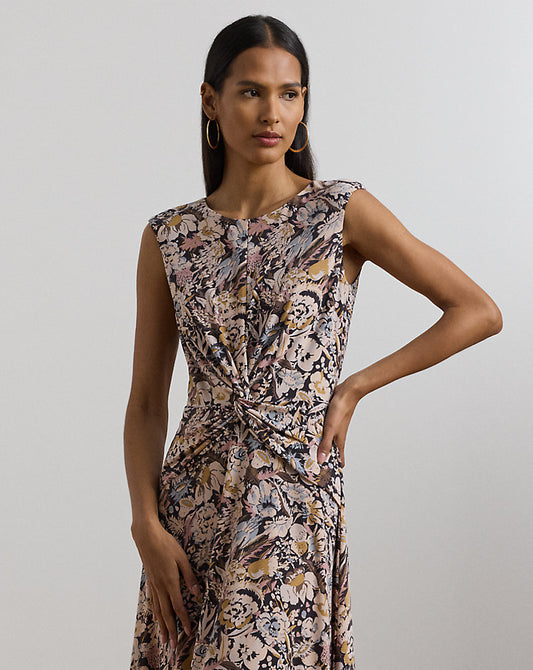 Floral Twist-Front Jersey Dress Brown Multi