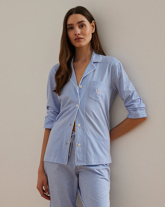 Striped Cotton Jersey Capri Sleep Set Blue