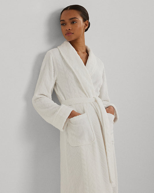 Aran-Clipped Long Shawl-Collar Robe White