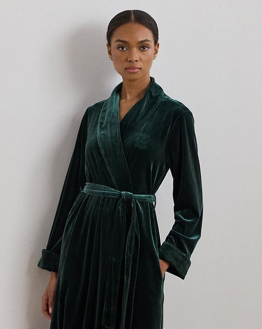 Velvet Long Shawl-Collar Robe Emerald