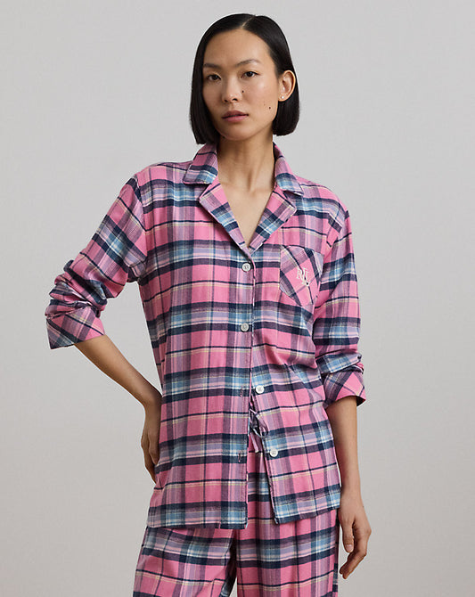 Plaid Cotton-Blend Twill Sleep Set Pink Plaid