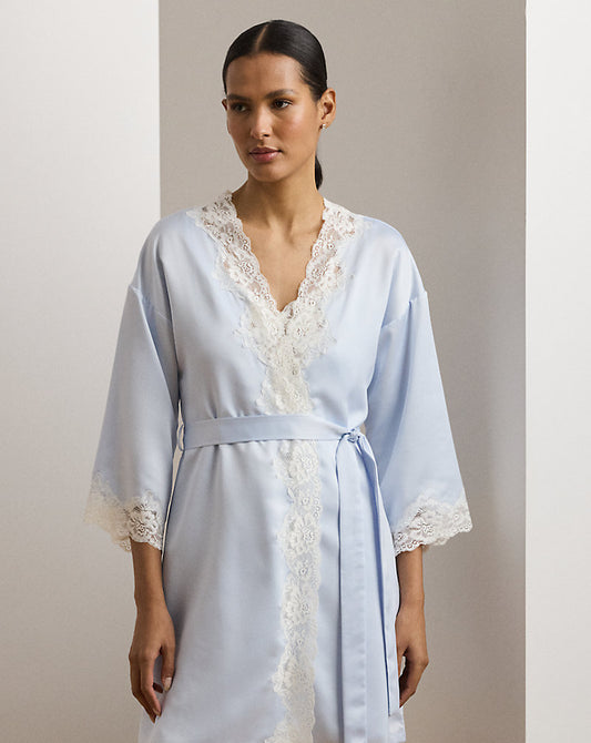Lace-Trim Satin Robe Blue