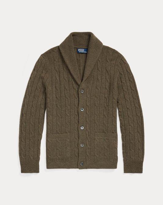 Cable-Knit Cashmere Shawl Cardigan Cargo Olive Hthr