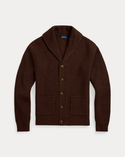 Textured Wool-Cashmere Shawl Cardigan Dark Roast Melange