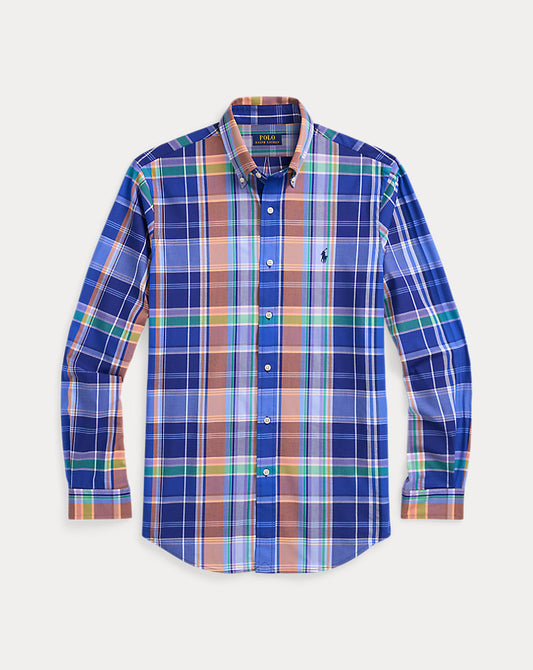 Custom Fit Plaid Stretch Poplin Shirt Blue Orange Multi