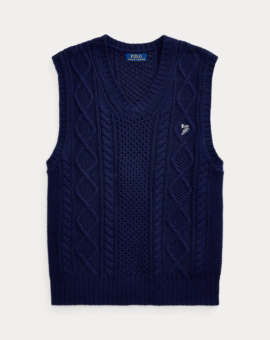 Aran-Knit Cotton Sleeveless Jumper Bright Navy