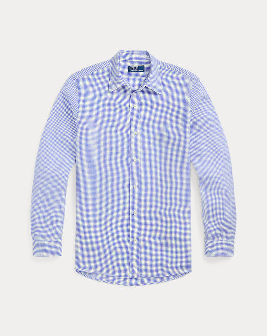 Classic Fit Checked Linen Shirt Blue White