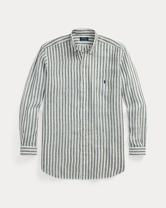 Striped Linen Shirt New Olive/White