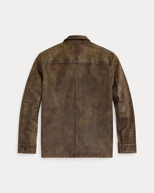 Hand-Distressed Leather Overshirt Black Over Brown