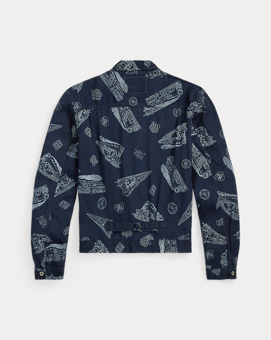 Indigo Railroad-Print Twill Jacket Indigo/White