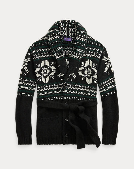 Hand-Knit Cashmere Shawl Cardigan Cls Blk W/Lux Crm&pine Gr