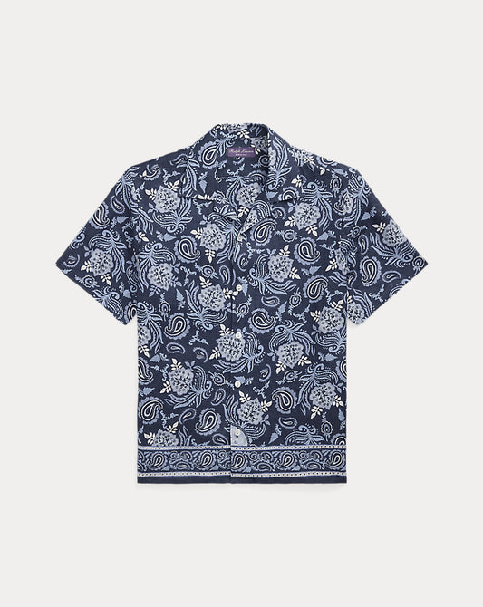 Paisley-Print Linen Camp Shirt Navy Tonal