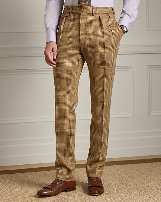 Hand-Tailored Plaid Jersey Suit Trouser Camel/Light Brown
