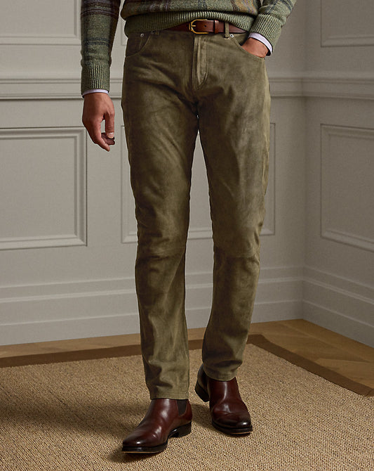 Hand-Tailored Suede Five-Pocket Trousers Thicket Moss