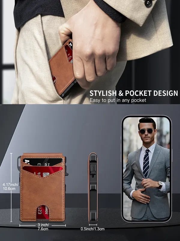 Pop-Up Wallet for Men – RFID Aluminum Case Money Clip Leather Slots