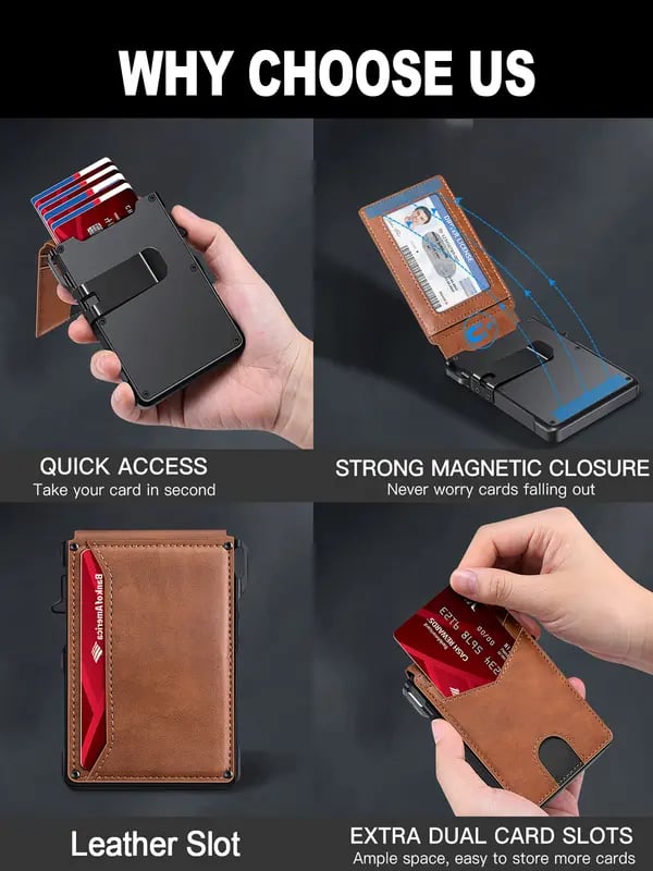 Pop-Up Wallet for Men – RFID Aluminum Case Money Clip Leather Slots