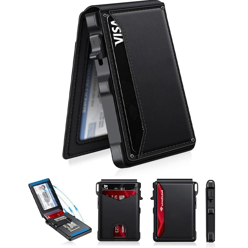 Pop-Up Wallet for Men – RFID Aluminum Case Money Clip Leather Slots