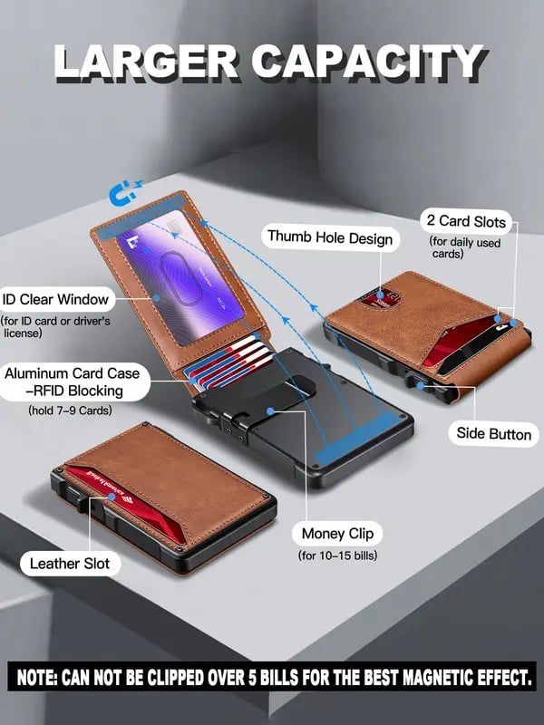 Pop-Up Wallet for Men – RFID Aluminum Case Money Clip Leather Slots
