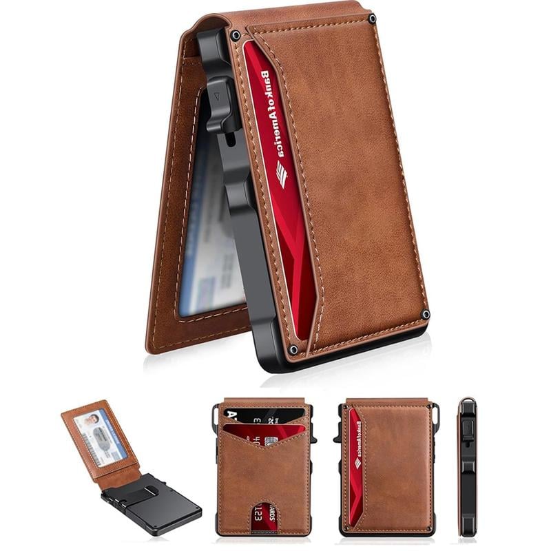 Pop-Up Wallet for Men – RFID Aluminum Case Money Clip Leather Slots