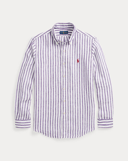 Custom Fit Striped Linen Shirt Purple/White