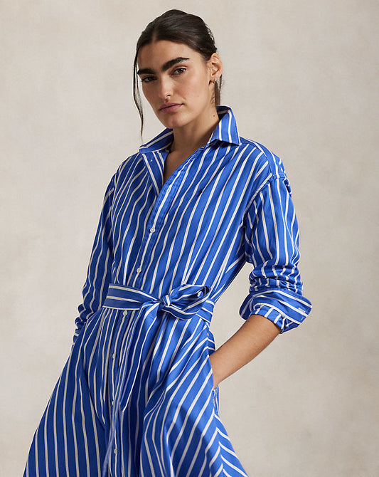 Belted Striped Cotton Shirtdresse Blue/White