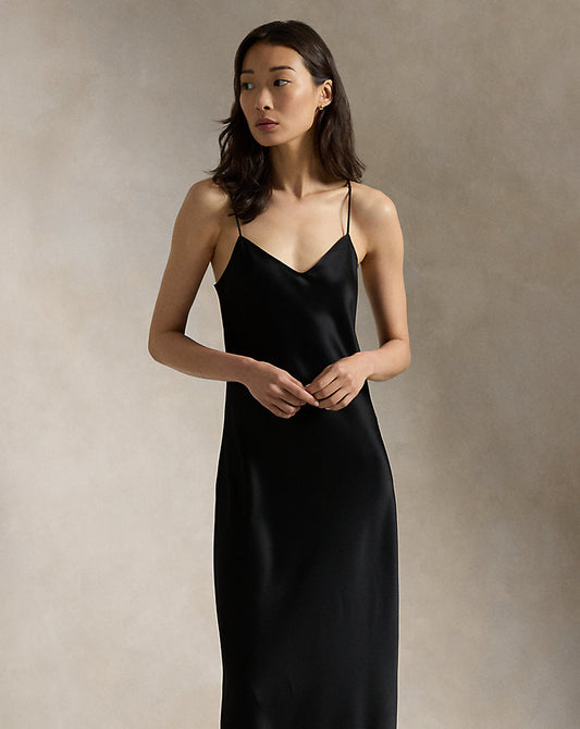 Satin Midi Slip Dress Polo Black