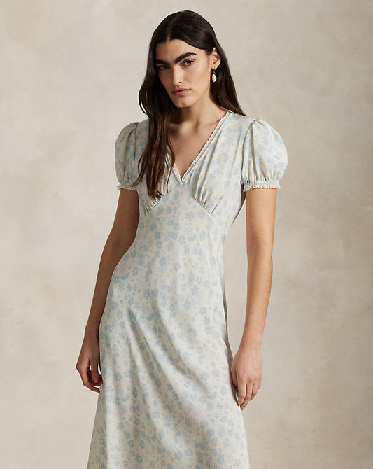 Floral Silk Crepe Dress Summer Daisy White Blue
