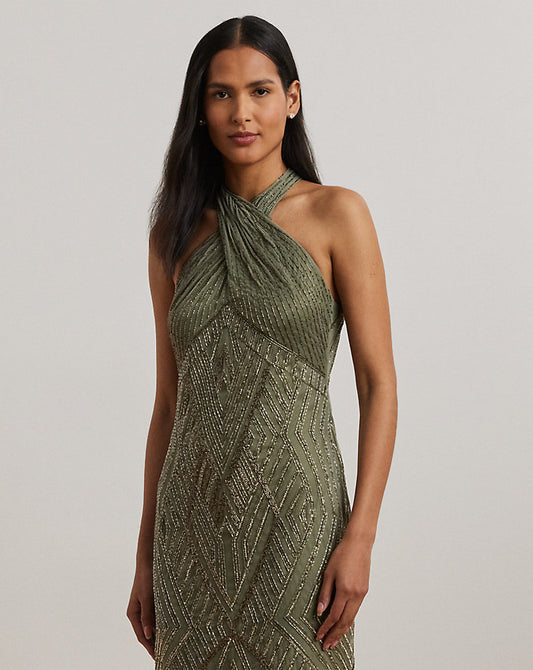 Beaded Mesh Sleeveless Halter Gowni Olive Multi