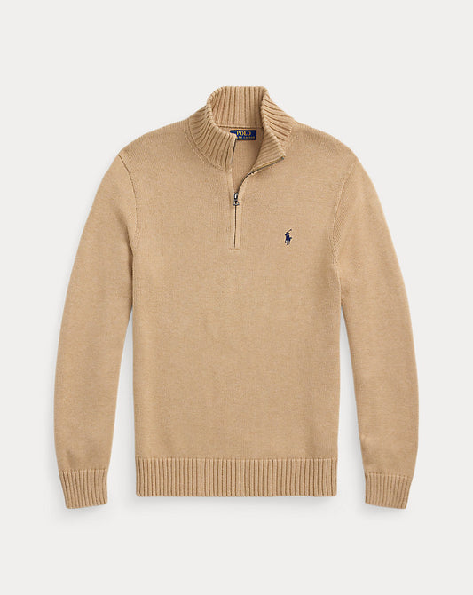 Cotton Quarter-Zip Jumper Camel Melange
