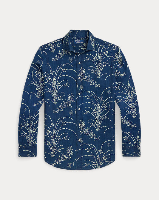 Classic Fit Indigo Floral Linen Shirt Spring Flower