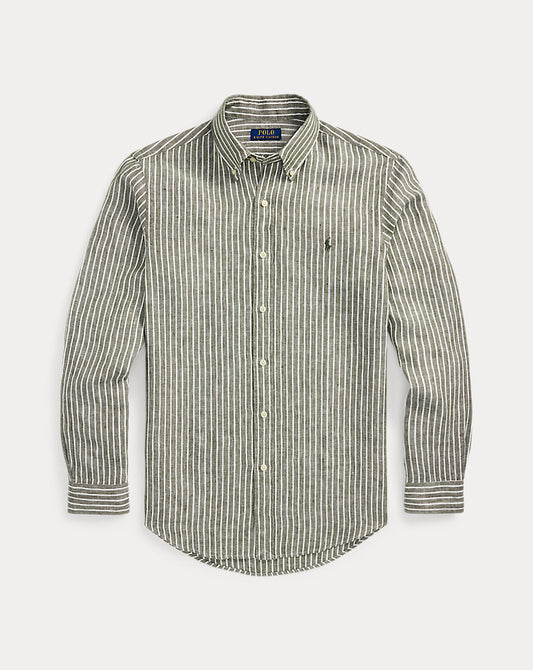 Custom Fit Striped Linen Shirt New Olive White