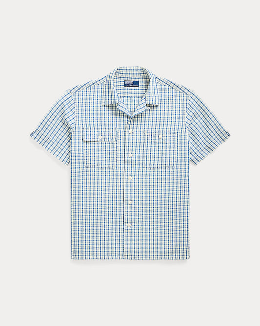 Classic Fit Plaid Cotton-Linen Shirt Indigo Cream