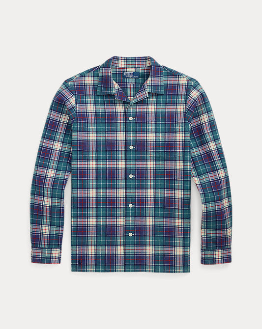 Classic Fit Plaid Flannel Camp Shirt Green/Navy Multi
