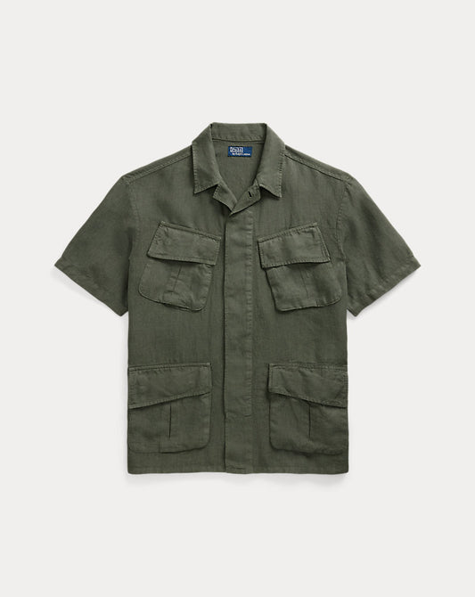 Garment-Dyed Slub Linen Overshirt New Olive
