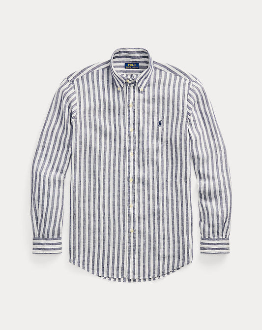Custom Fit Striped Linen Shirt Navy/White