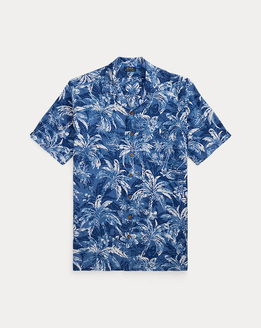 Tropical-Print Linen Camp Shirt Indigo Palm Shadow