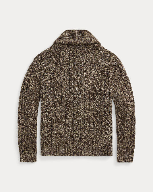 Marled Aran-Knit Shawl Cardigan Brown/Cream Marl